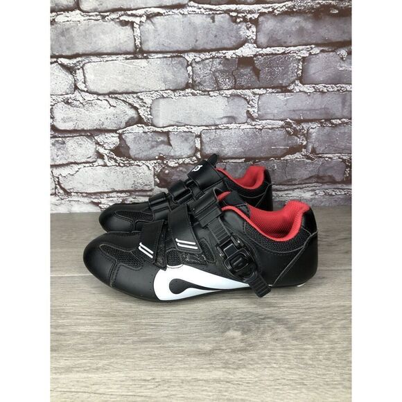 Peloton Cycling Shoes Black Leather Mesh White Red Strap Women’s Sz 37EU/6.5M US - Picture 1 of 16